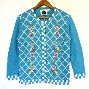 STORYBOOK KNITS flower embroidered lattice diamond print knit cardigan sweater